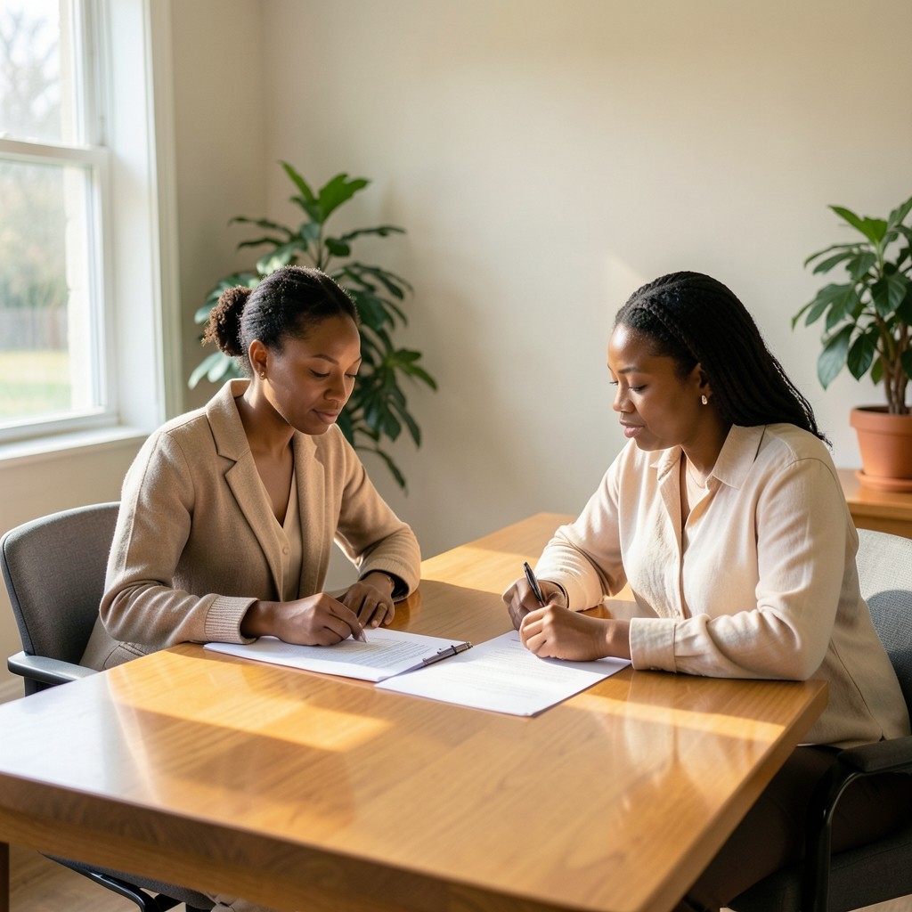 Two consultants reviewing recovery documentation at a sunlit wooden table