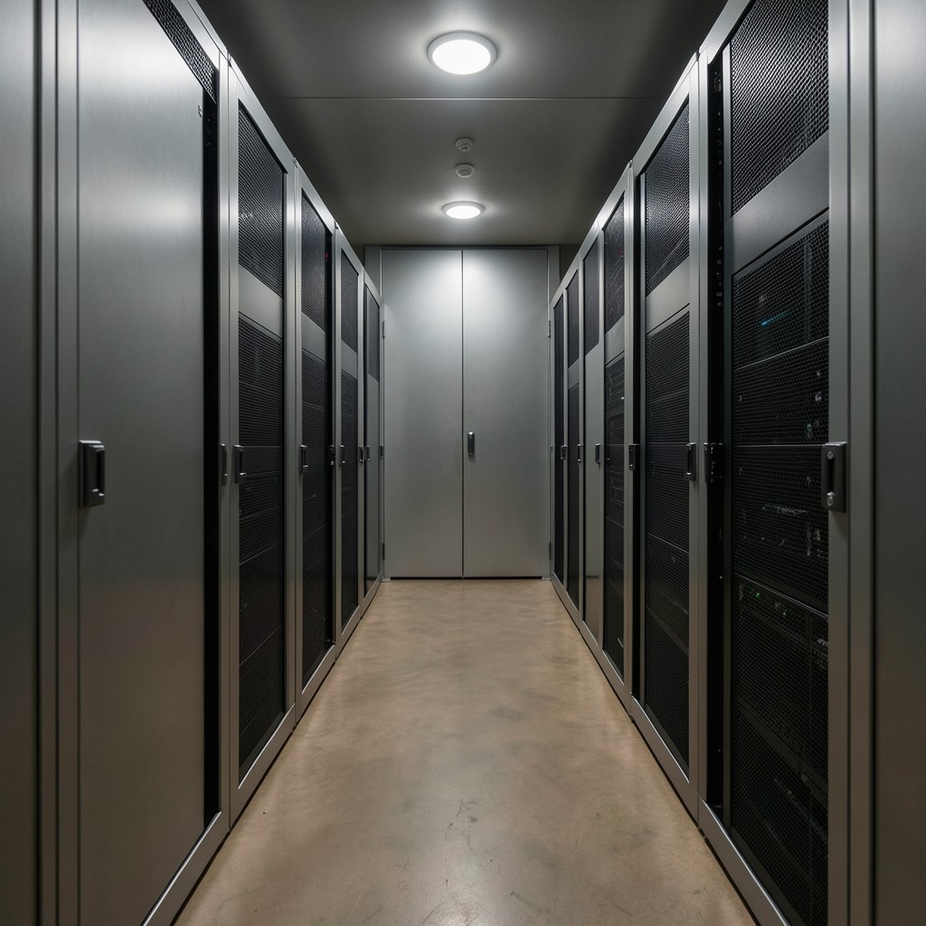 Locked server room aisle with backup appliances under soft overhead light