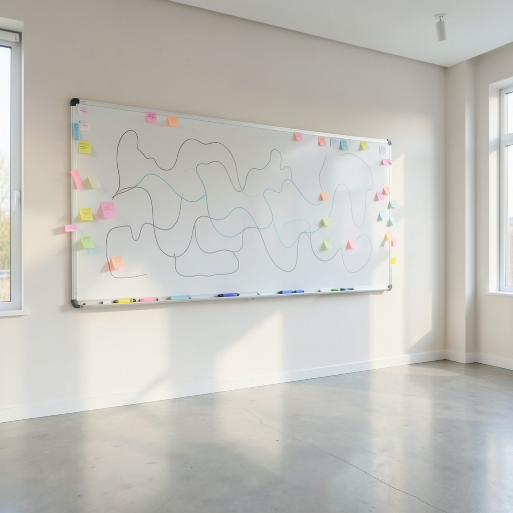 Whiteboard with recovery timeline sketches in a bright meeting room