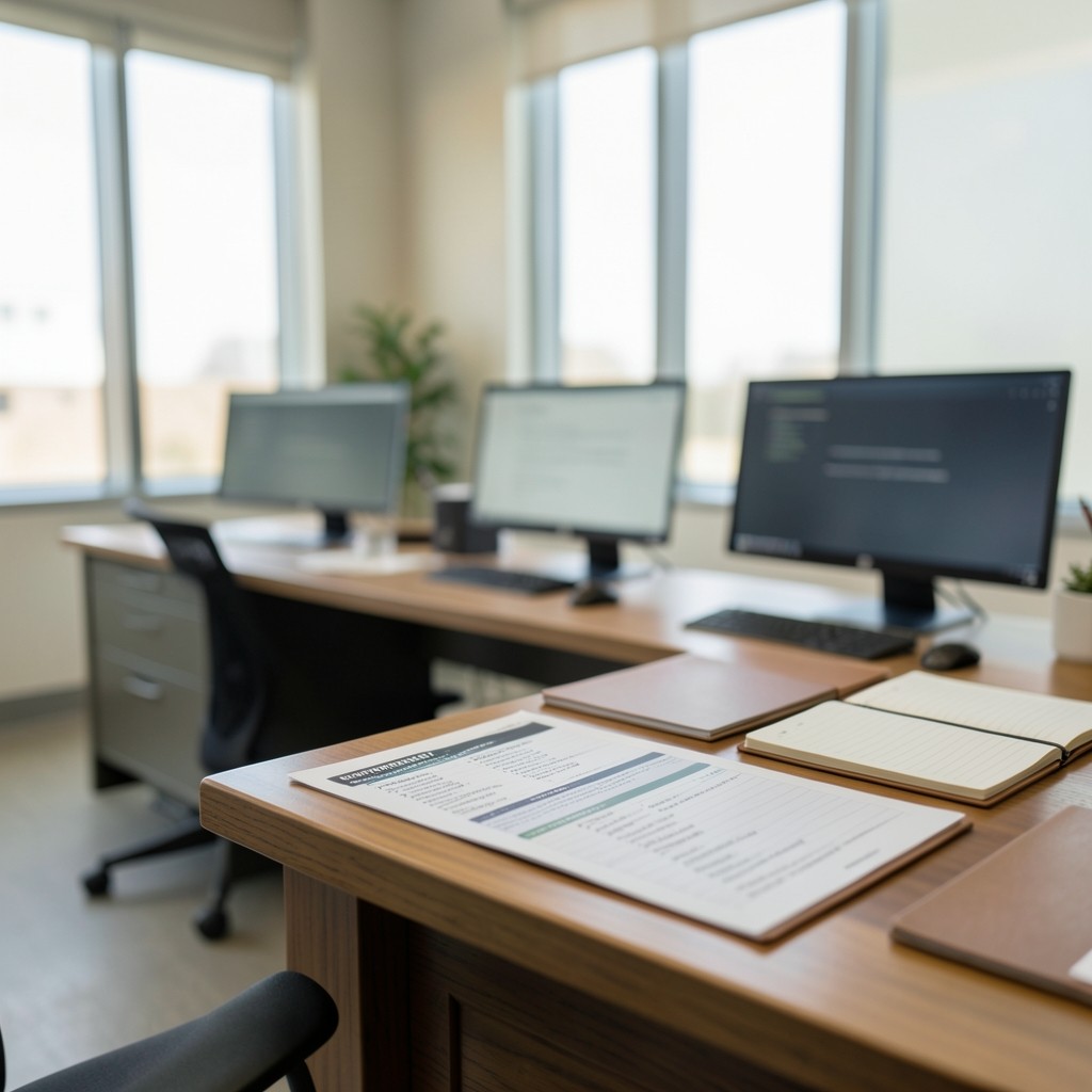 Quiet operations room with backup documentation and monitoring screens under soft daylight