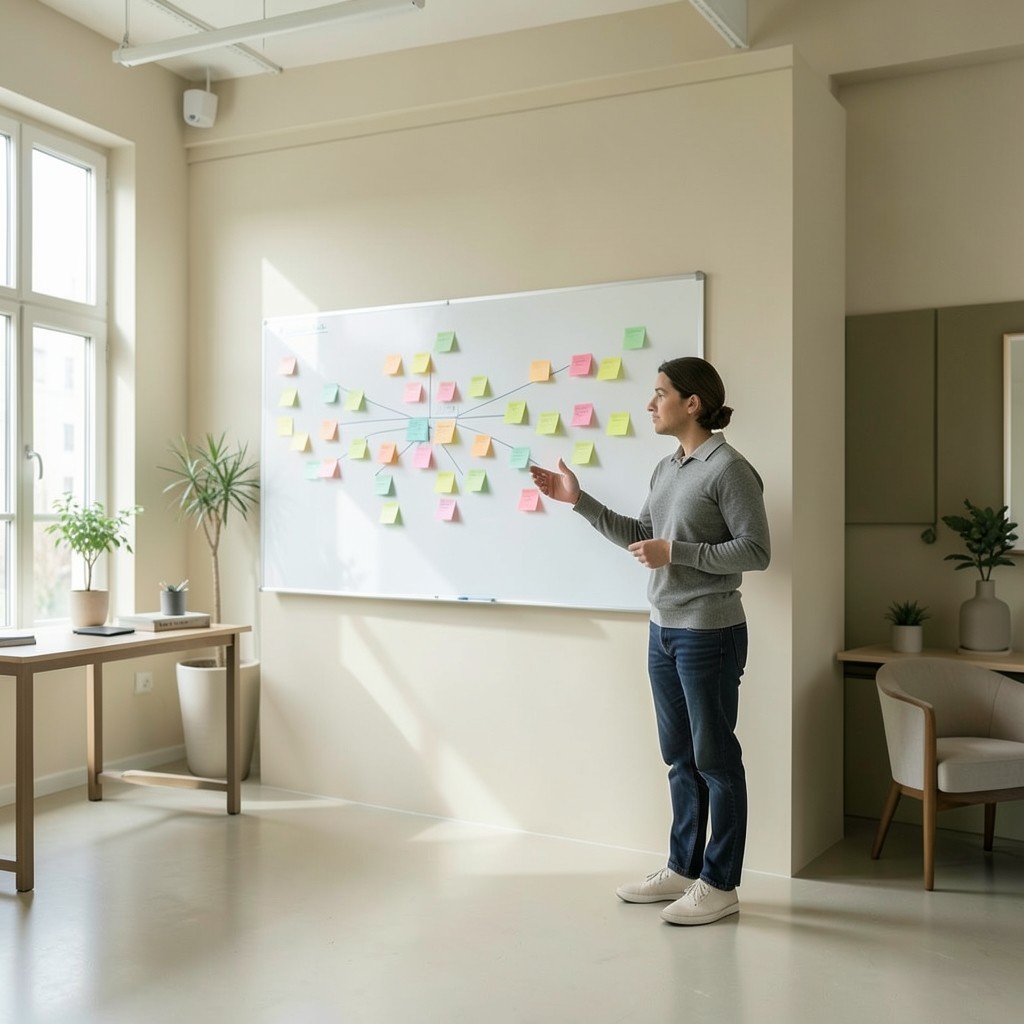 Facilitator mapping recovery priorities on a wall chart in a calm workshop room