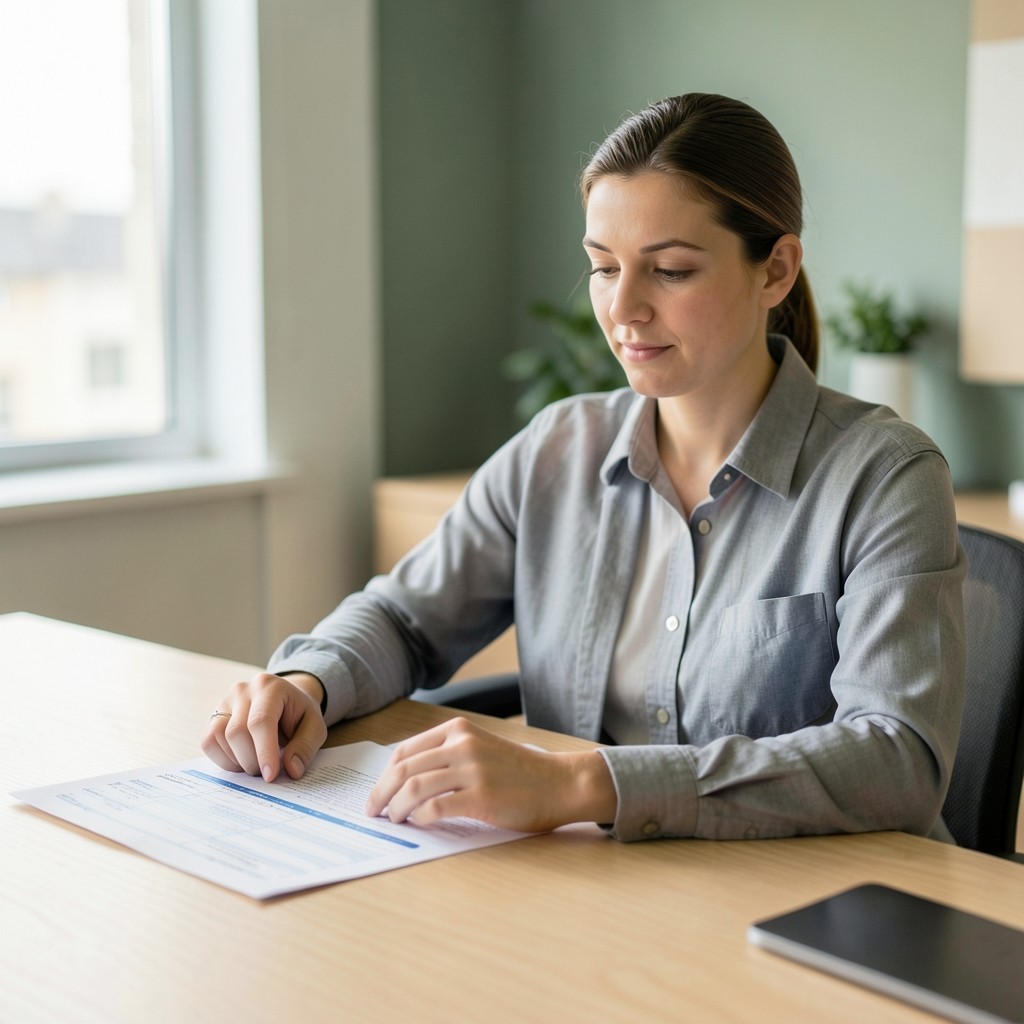 Consultant reviewing backup documentation at a desk with printed recovery schedules