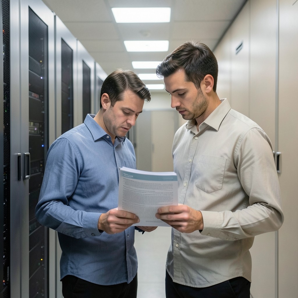 Team examining restore runbooks beside server cabinet in a quiet office