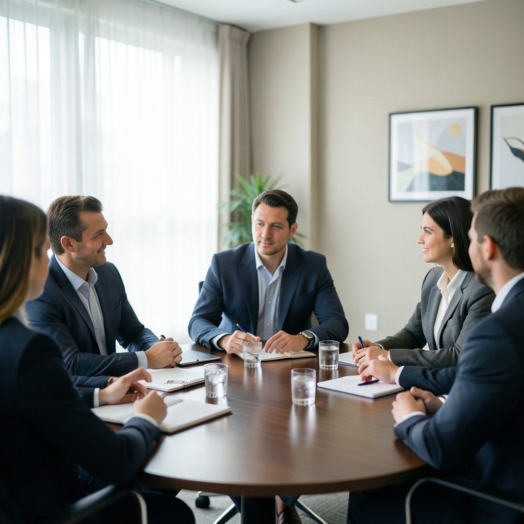 Facilitator guiding a recovery exercise around a conference table with notebooks
